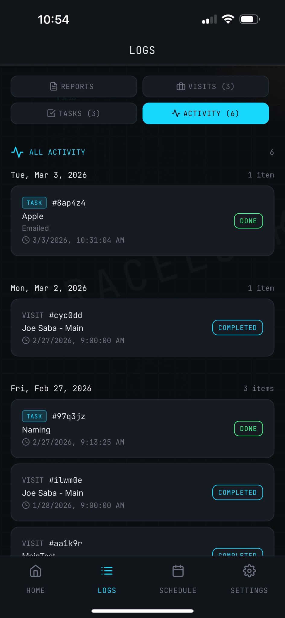 TraceLock field app — activity log