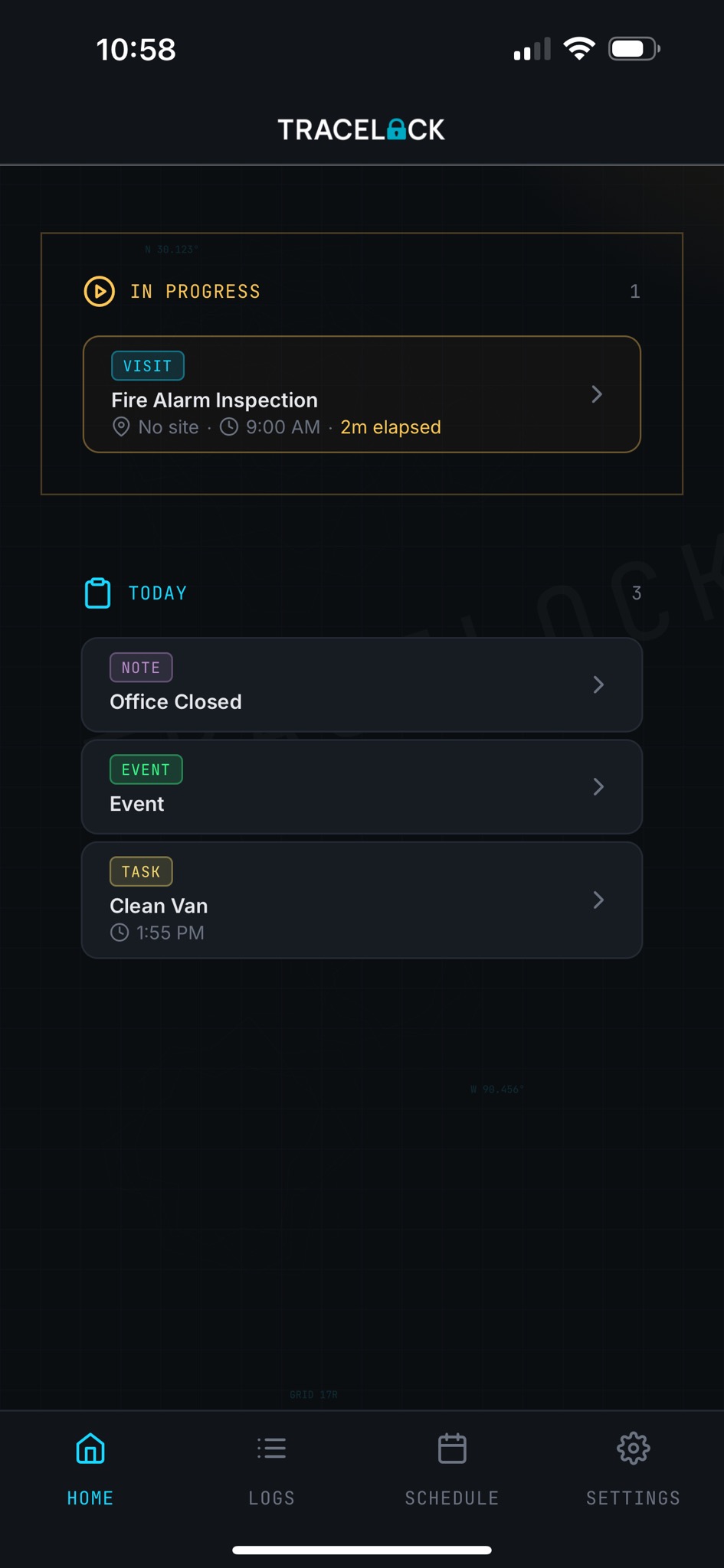 TraceLock field app — in-progress visit